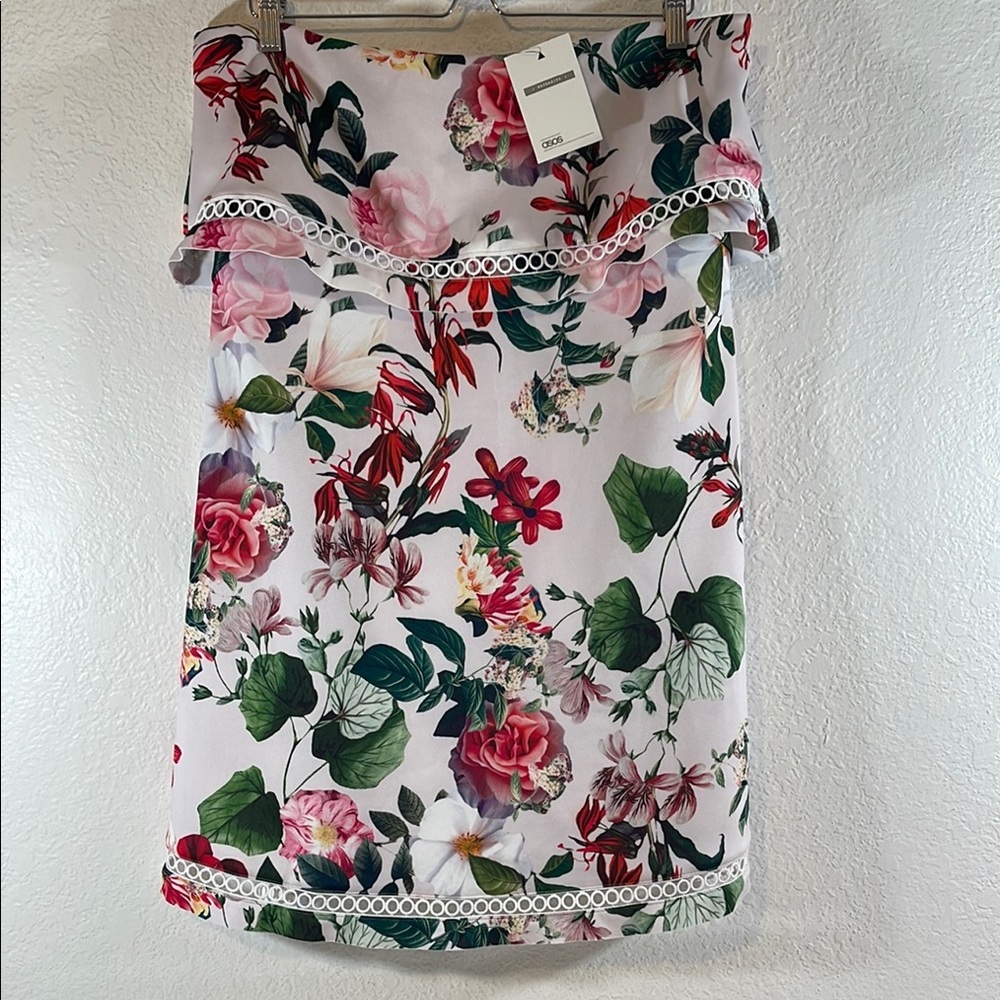 ASOS Maternity White Pink Red Floral Strapless Ruffle Maternity Dress Sz. 12 NEW - Picture 2 of 11